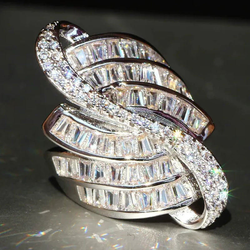 Gorgeous  Silver Natural Gemstones White Sapphire Ring Wedding Birthstone Bride Engagement Multilevel Square Crossing Brand Flower Ring Jewelry Size 6 7 8 9 10