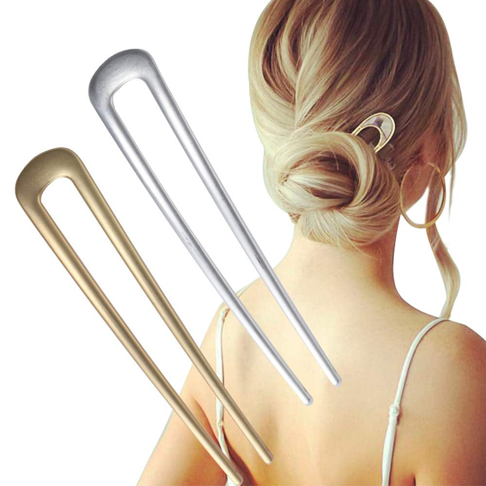 Large French Hair Pins Metal U-Shaped Hair Sticks(Pack of 2, Gold&Silver)