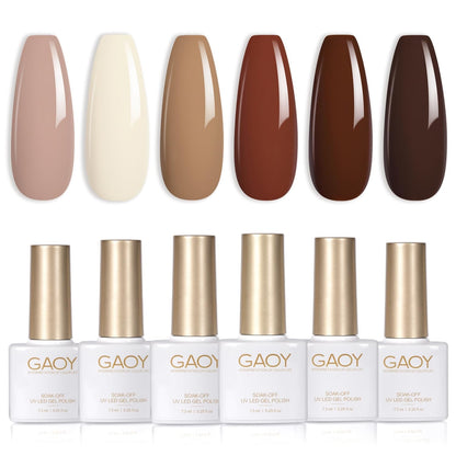 Nude Brown Fall Gel Nail Polish Set, 6 Colors White Beige Dark Tan Taupe Soak off Gel Polish Kit for Salon and Nail Art DIY at Home