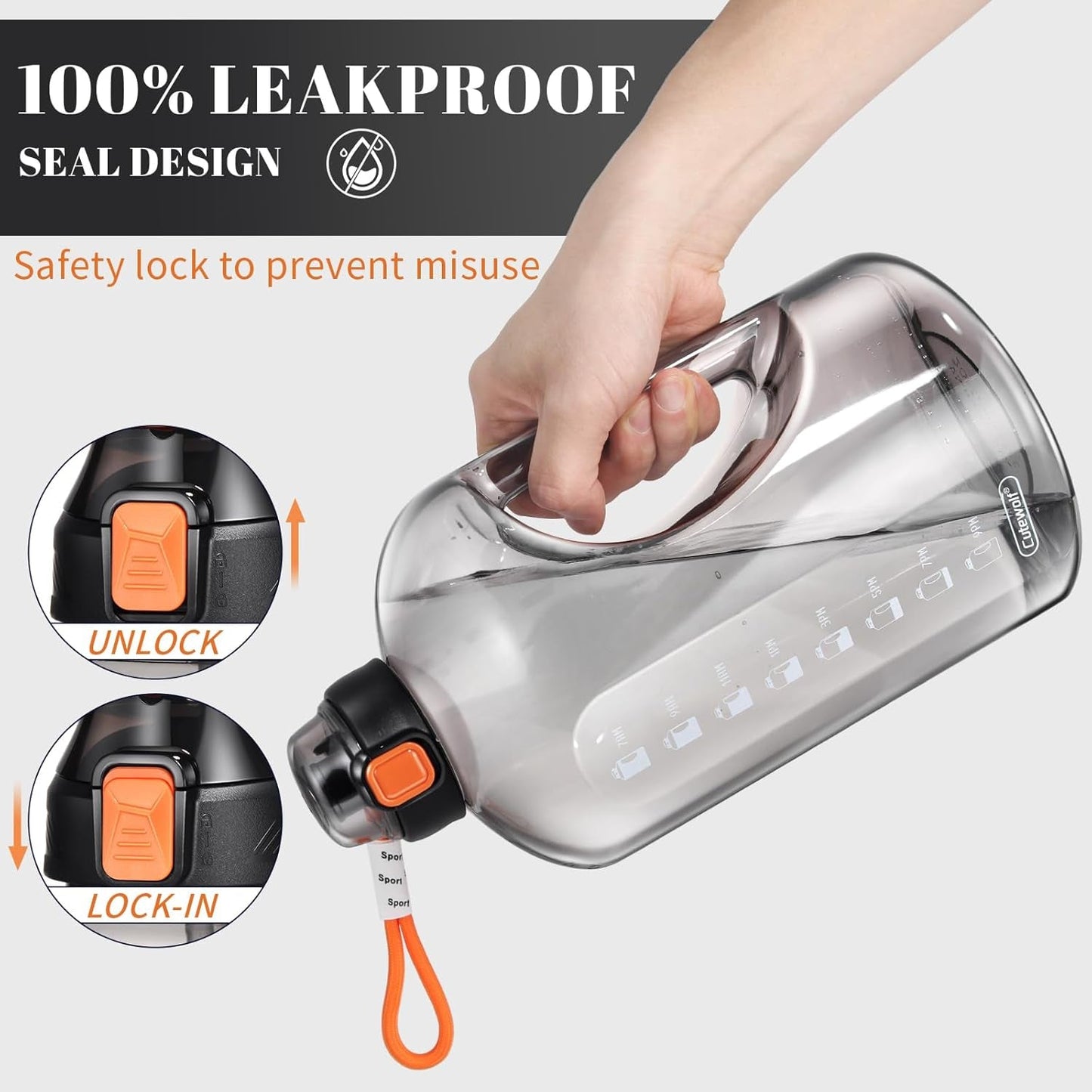 64 OZ Water Bottle with Straw, Half Gallon Water Bottle Times to Drink, Reusable Leak Proof Water Jug Handle with Strap, 2 Lids BPA Free Sports Bottle for Fitness Gym Camping