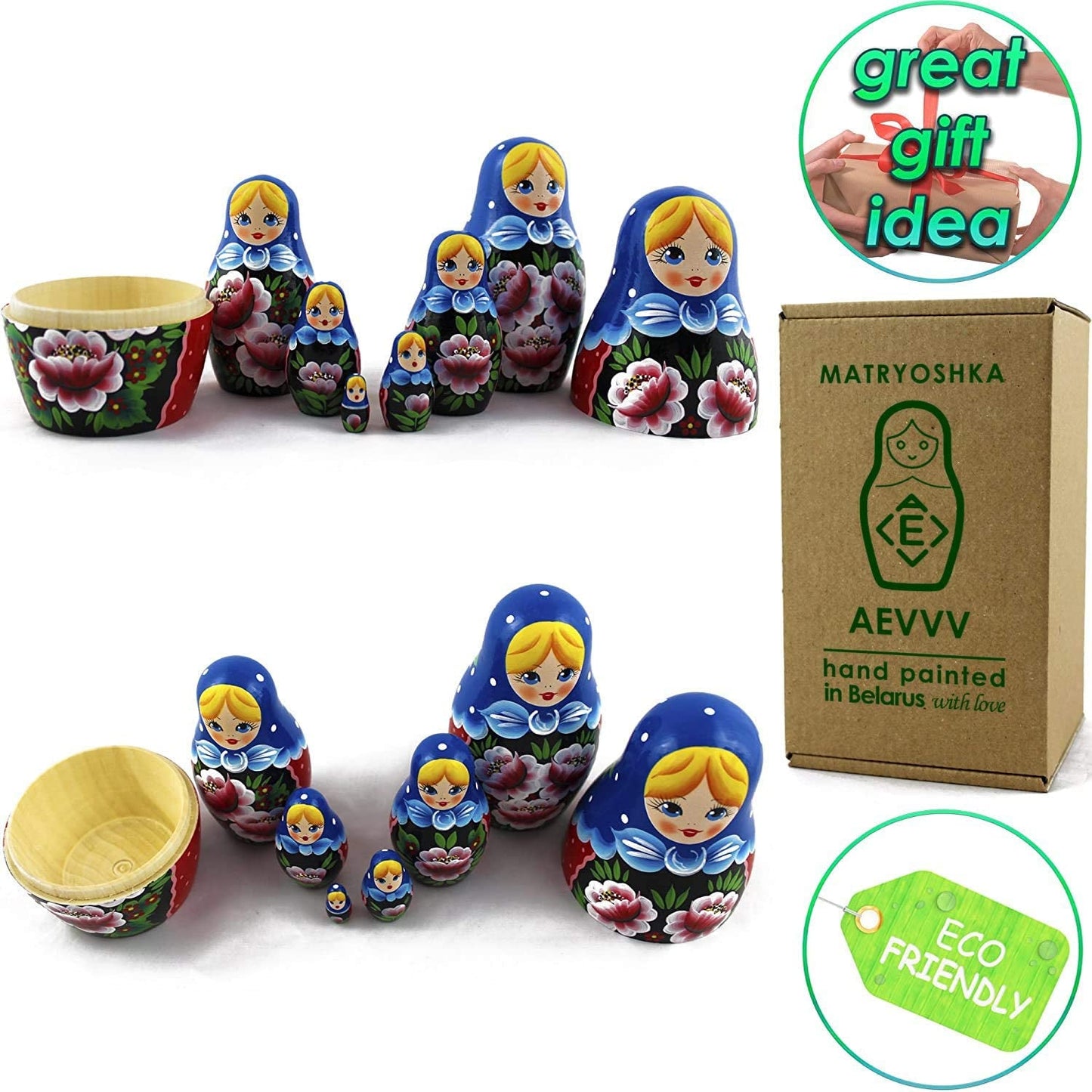 Nesting Babushka Dolls - Handmade Rose Hand-Painted - Matruska Stacking 7 Dolls - Munecas Rusas - Home Decor Decorations