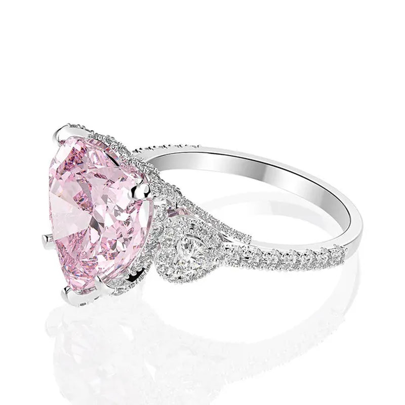 Luxury Silver Plated Simulated Pink Heart-Shaped Lab Diamond Engagement Ring with Side Stones Promise Bridal Ring