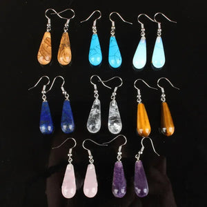 1Pair Option 29X10MM Water Drop Amethyst Clear Quartz Lapis Lazuli Turquoise Rose Quartz Opal Tiger Eye Drop Earrings
