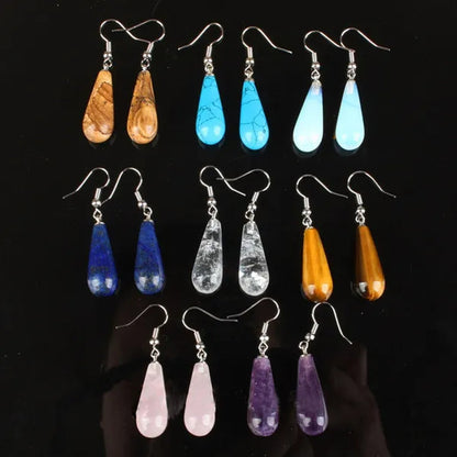 1Pair Option 29X10MM Water Drop Amethyst Clear Quartz Lapis Lazuli Turquoise Rose Quartz Opal Tiger Eye Drop Earrings