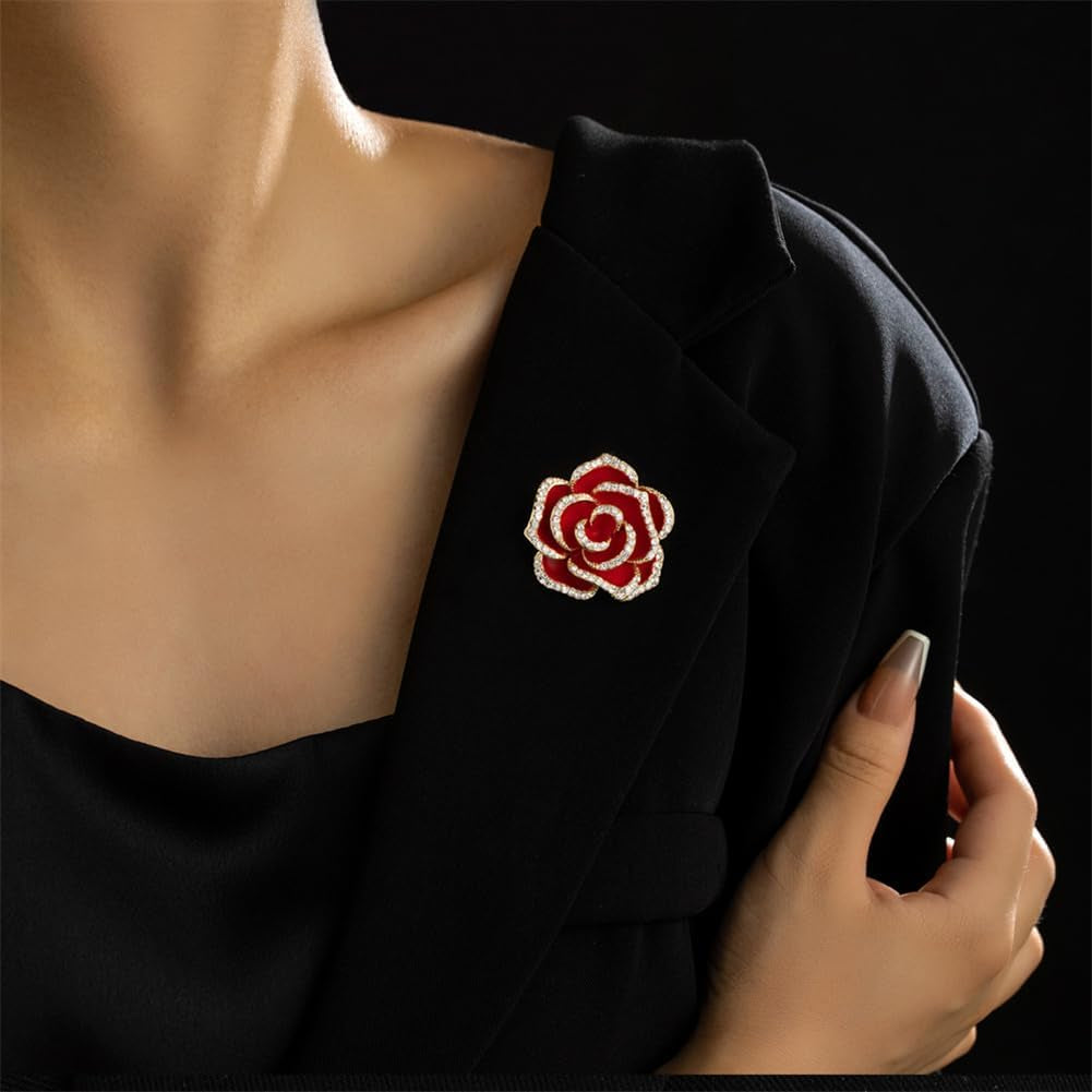Crystal Rhinestone Red Flower Brooch Women'S Camellia Pin Rhinestone Floral Brooch Ladies' Fashion Clothing Brooch Jewelry Accessory