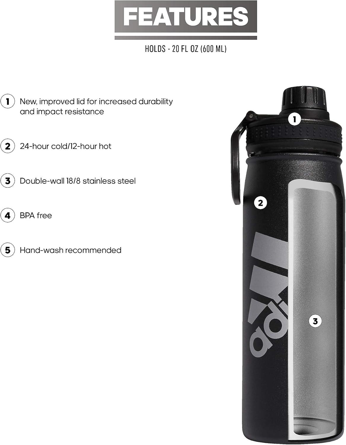 600 ML (20 Oz) Metal Water Bottle, Hot/Cold Double-Walled Insulated 18/8 Stainless Steel, Black/Silver Metallic, One Size