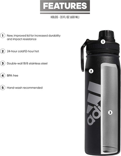 600 ML (20 Oz) Metal Water Bottle, Hot/Cold Double-Walled Insulated 18/8 Stainless Steel, Black/Silver Metallic, One Size