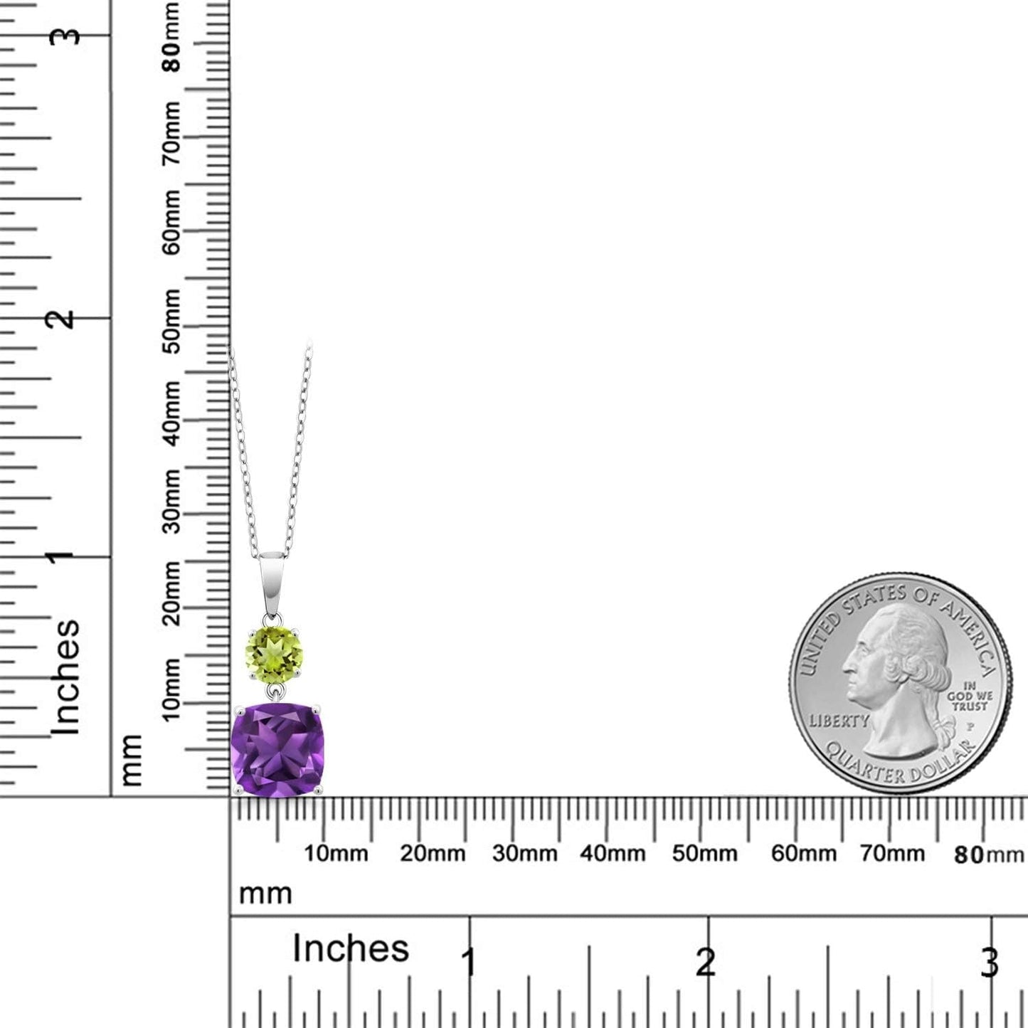 925 Sterling Silver Purple Amethyst and Green Peridot Pendant Necklace for Women (4.00 Cttw, Gemstone February Birthstone, Cushion 10MM, round 6MM)