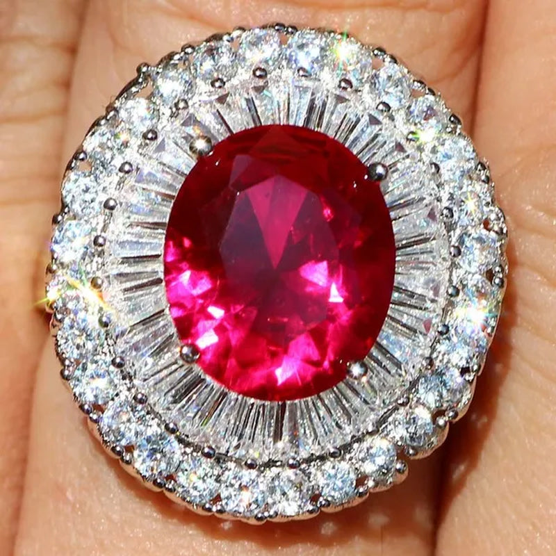 Luxurious Silver Natural Gemstones Ruby and White Sapphire Wedding Birthstone Bride Engagement Multilevel Square Ring Jewelry Size 6 7 8 9 10