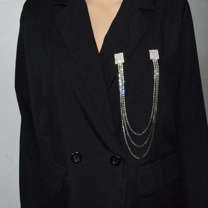 Rhinestone Geometric Tassel Lapel Brooch Pin Long Chain Multi-Layered Full of Crystal Square Pins Clip Dress Sweater Collar Jackets Suit Brooches Pins Fashion Jewelry Gifts for Women Girls Accessories