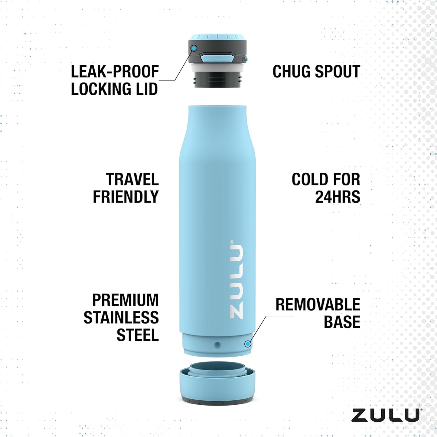 Ace Vacuum Insulated Stainless Steel Water Bottle with Chug Spout, Leak-Proof Locking Lid and Removable Base for School, Backpack, Sports, Gym, Travel