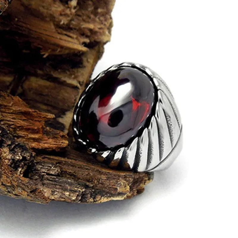 NOVE JEWELRY men's fashion new elegant vintage gothic band 316L stainless steel ring ellipse charm red rhinestone rings wedding band silver + red US Size 7 to 12