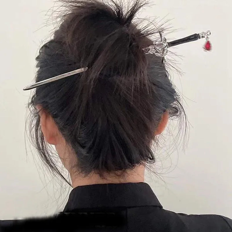Hair Chopsticks,Comics Chinese Style Hair Pin Sword Hair Sticks for Bun with Tassel Red Gem Hair Accessories for Women Girls Long Hair