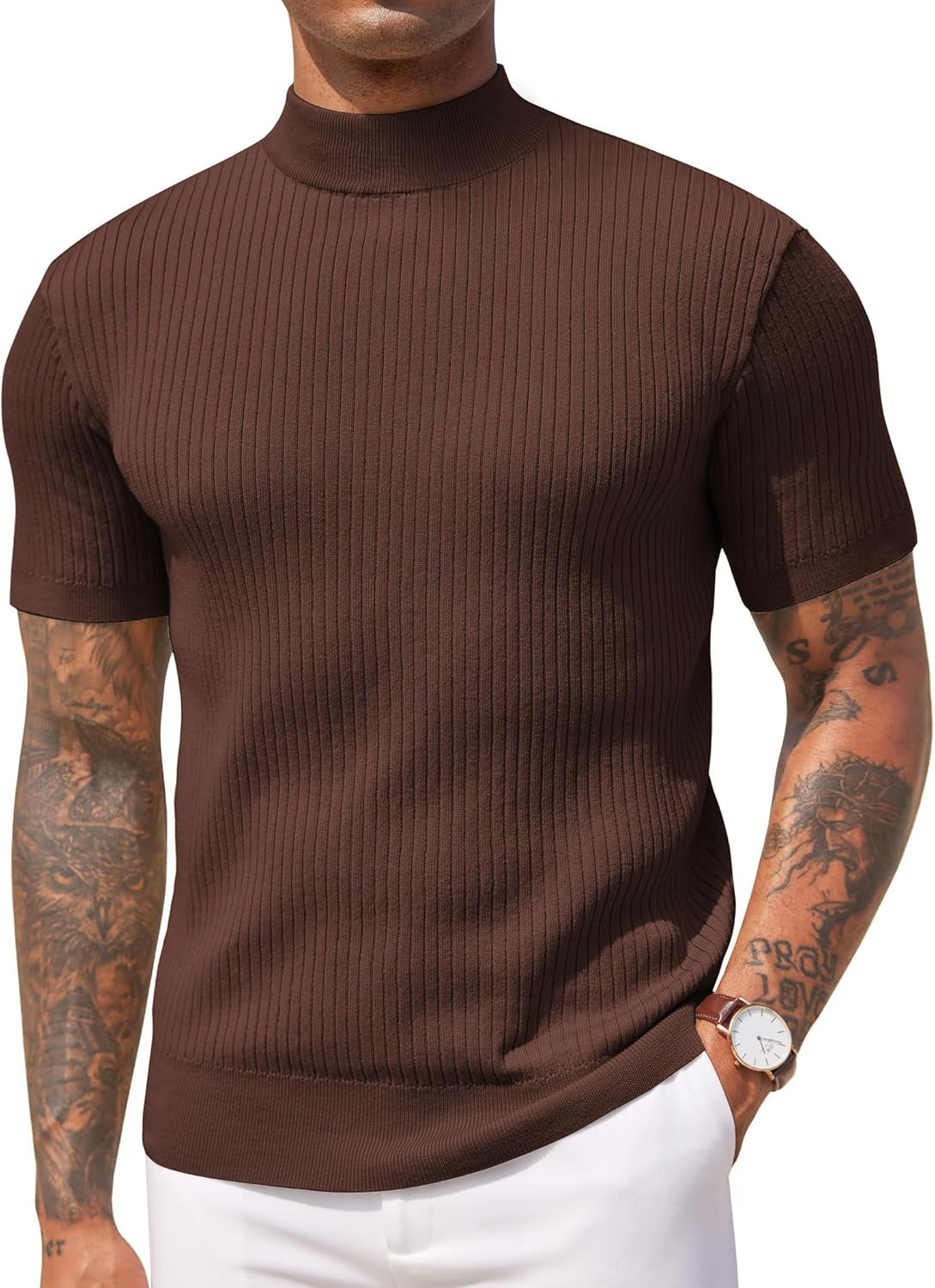Men'S Mock Turtleneck Sweater Short Sleeve Casual Basic Tops Ribbed Knit Pullover Solid Tee - WORLD TIME VISITS