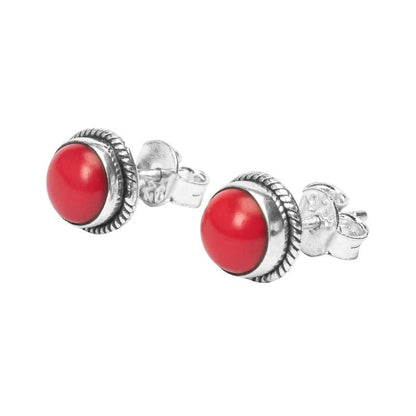 Coral Stone Stud Post Earrings, 925 Sterling Silver Gemstone Earring 6 MM round Girls Women Gift