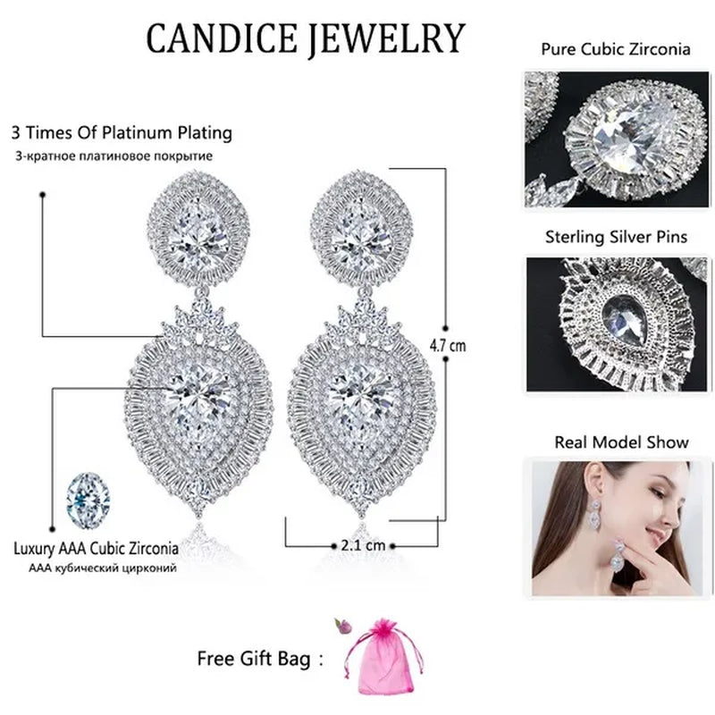 CANDICE Luxury Jewelry 18K Platinum Plated Double Large Water Drop Cubic Zirconia Crystal Long Dangle Earrings For Wedding Gift - WORLD TIME VISITS