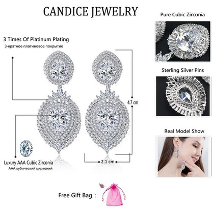 CANDICE Luxury Jewelry 18K Platinum Plated Double Large Water Drop Cubic Zirconia Crystal Long Dangle Earrings For Wedding Gift - WORLD TIME VISITS