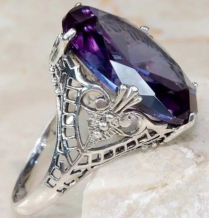 Color Changing Alexandrite 925 Solid Sterling Silver Art Deco Ring Sz 6-10