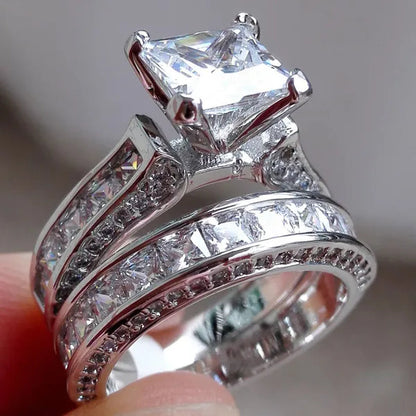 Fashion Women Princess Cut Diamonique White Topaz 925 Sterling Silver Wedding Ring Set Gift