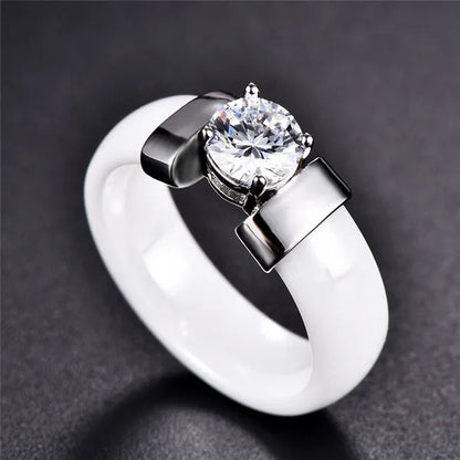 Fashion Male And Female Anti Allergy Black White Ceramic Ring Silver Gold Color  Diamond Solitare Ring Wedding Rings For Couple