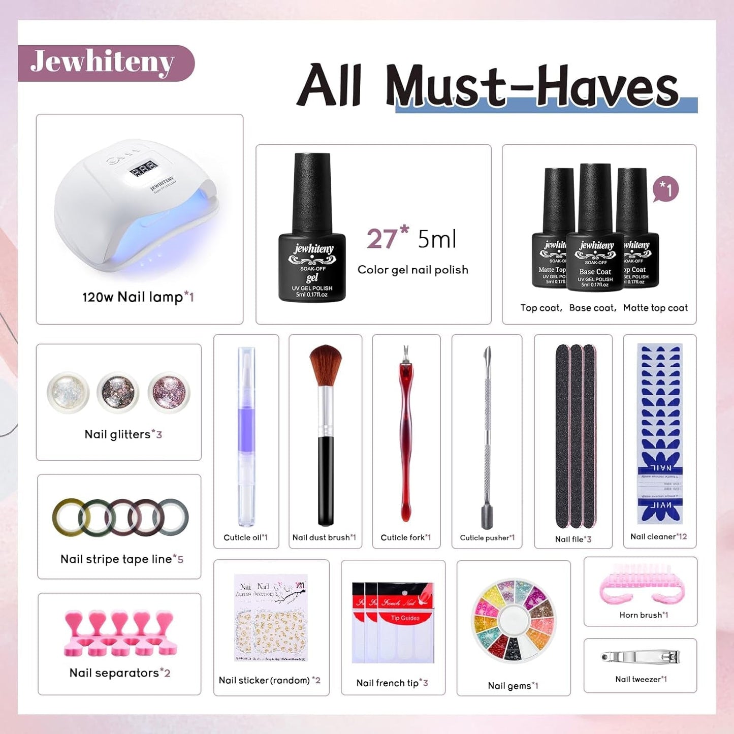 27 Colors Gel Nail Polish Kit with U V Light, 120W U V LED Nail Dryer Lamp Curing Gel Nail Polish Set Popular Gel Nail Polish Set DIY at Home, Nail Manicure Tools