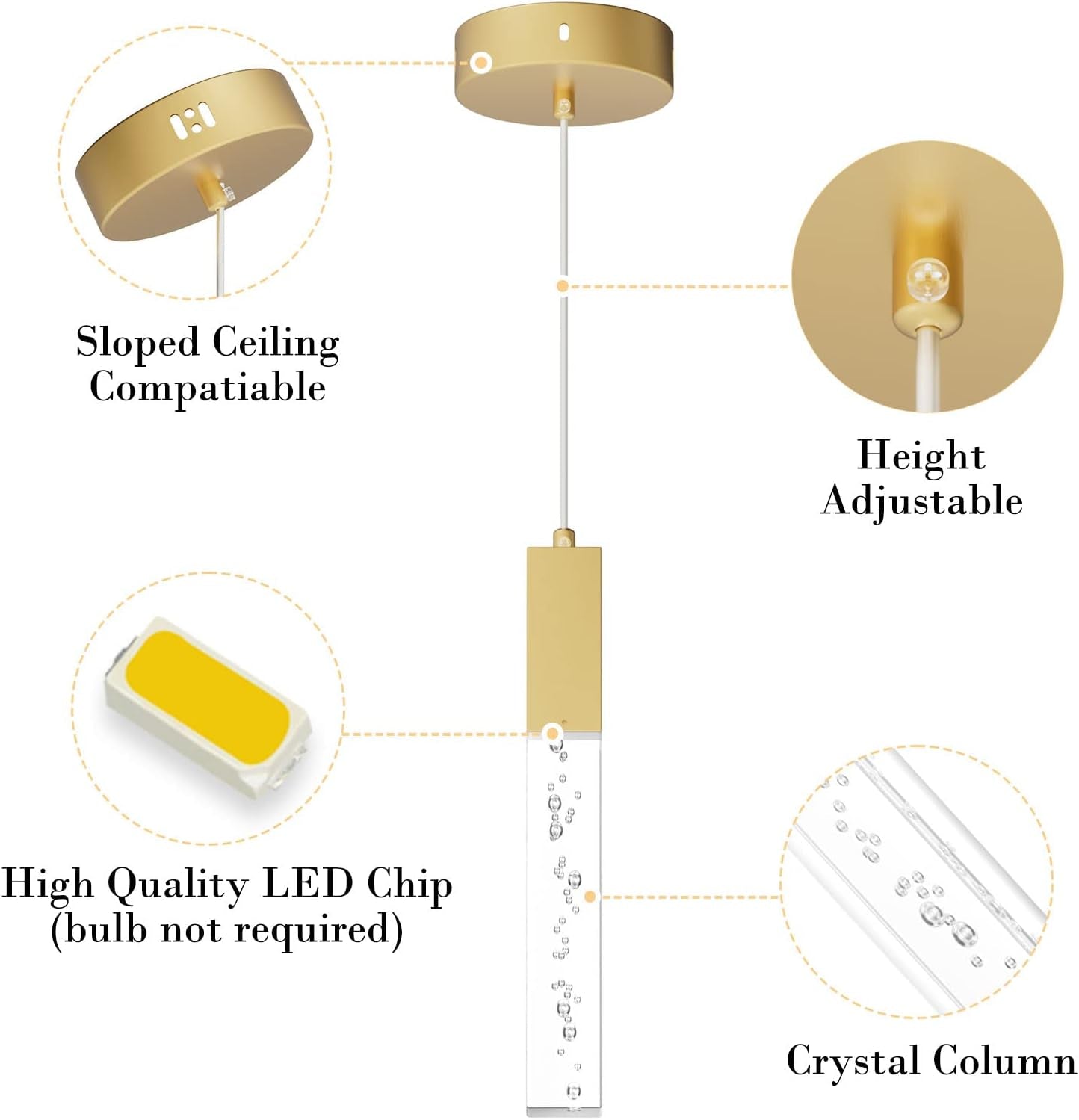 Brass Pendant Light for Kitchen Island Dimmable Integrated LED Pendant Light Gold Pendant Light with Crystal Modern Pendant Light for Bedroom Dinning Room Hallway (2-Pack)