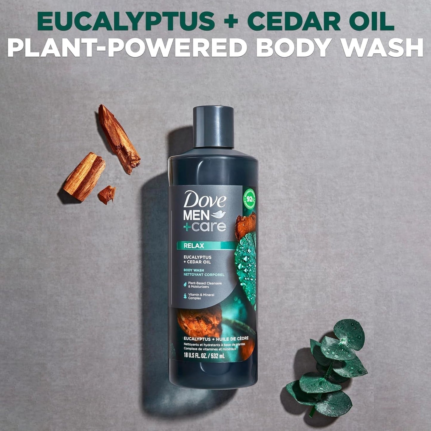 Dove Men+Care Body Wash Eucalyptus + Cedar Oil 4 Count to Rebuild Skin in the Shower with Plant-Based Cleansers and Moisturizers 18 Oz