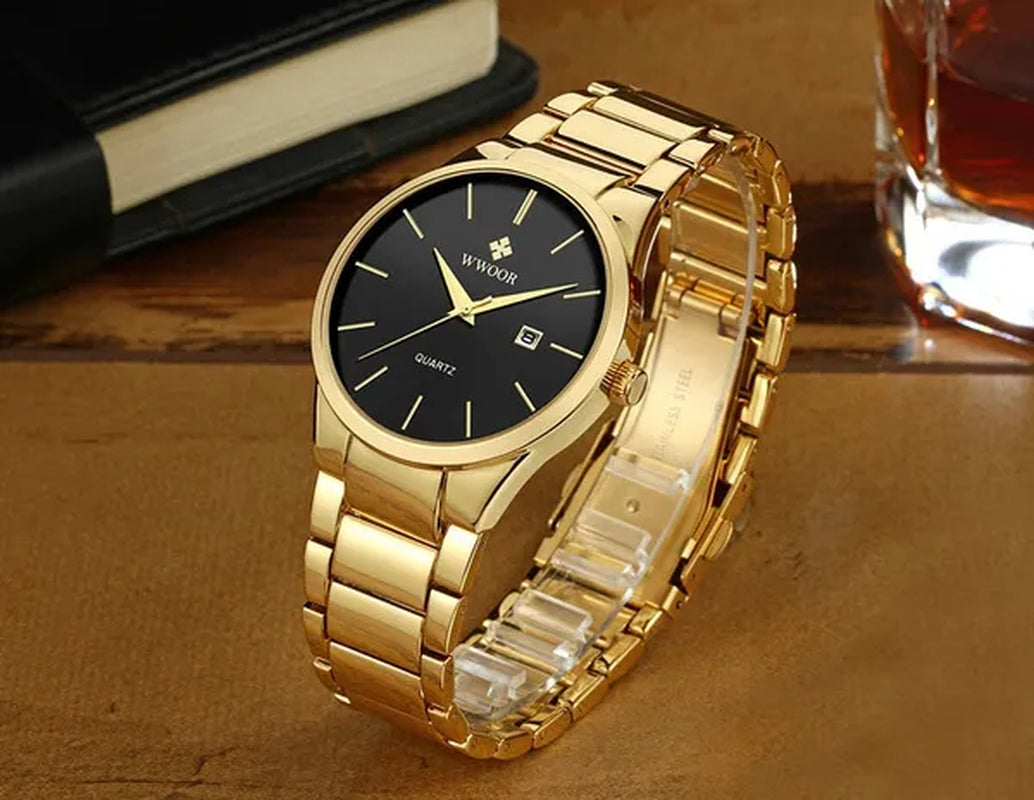 relojes hombre 2020 WWOOR Gold Watch Men Luxury Mens Quartz Wristwatch Business Watch Stainless Steel Waterproof Auto Date Clock with gift box