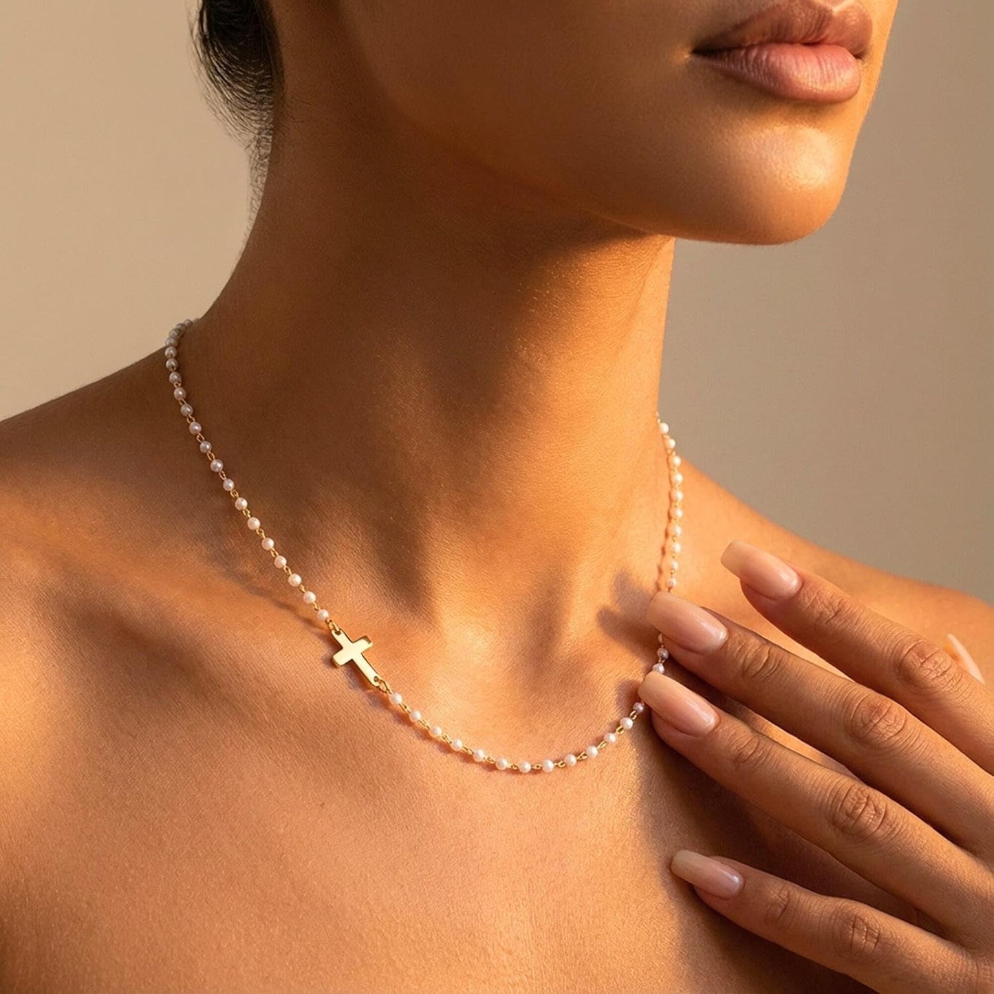 Pearl Cross Necklace for Women – 14K Gold Plated Faith Religious Jewelry