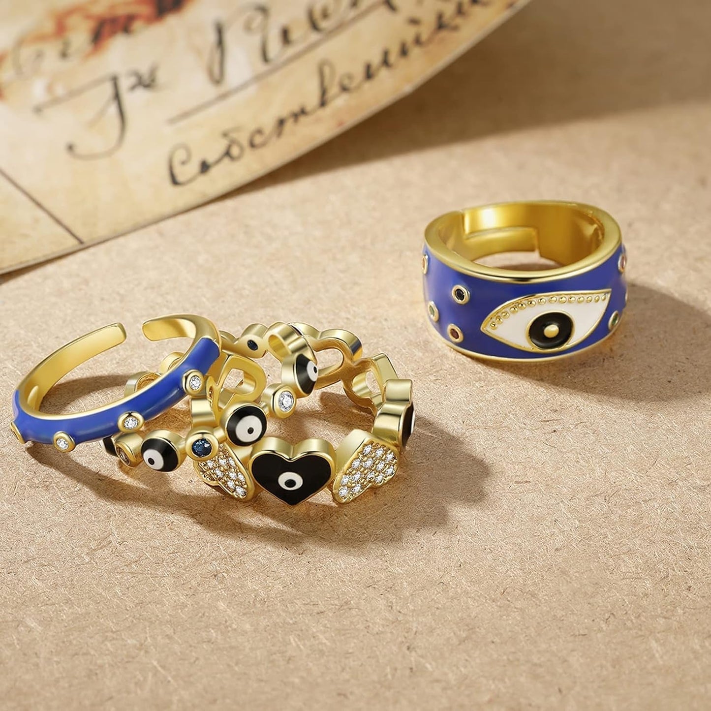 4PCS Evil Eye Ring Set Y2K Colorful Enamel Adjustable Gold Rings for Women Aesthetic Trendy Ring Set for Teen Girls