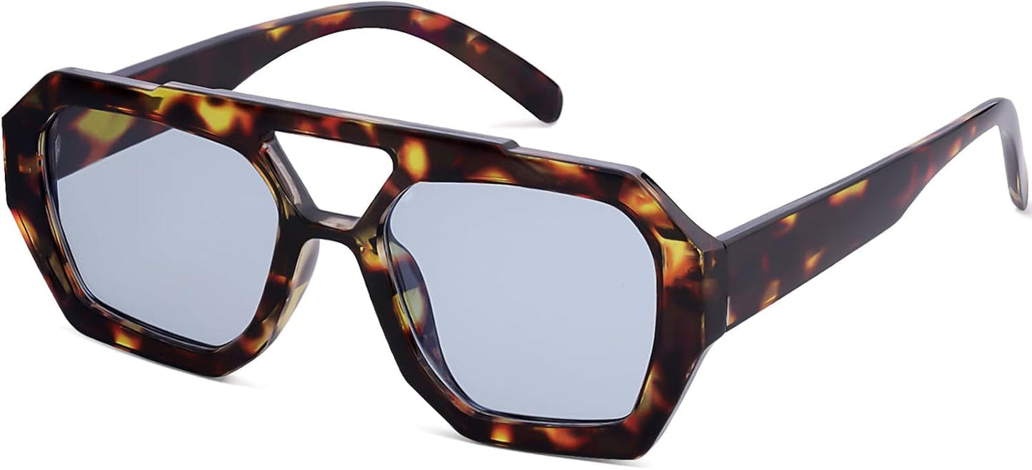 Trendy Designer Inspired Aviator Sunglasses for Women Men Hexagonal Square Thick Frame Double Bridge Sun Glasses - WORLD TIME VISITS