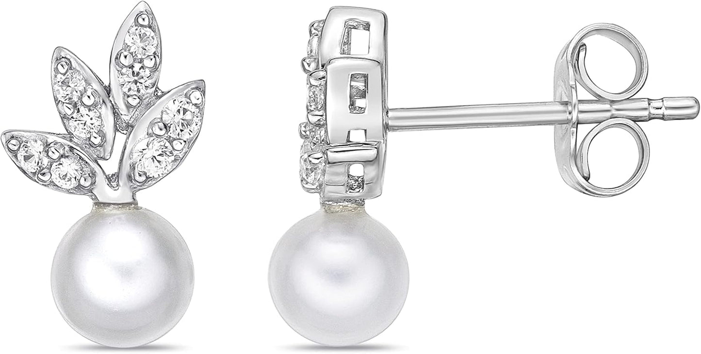 .925 Sterling Silver, 5.5Mm White Freshwater Cultured Button Pearl & Lab Grown White Sapphire Fruit Drop Studs Leafy Pushback Stud Earrings