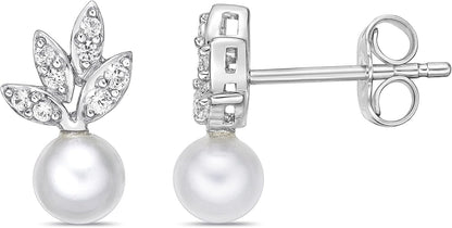 .925 Sterling Silver, 5.5Mm White Freshwater Cultured Button Pearl & Lab Grown White Sapphire Fruit Drop Studs Leafy Pushback Stud Earrings