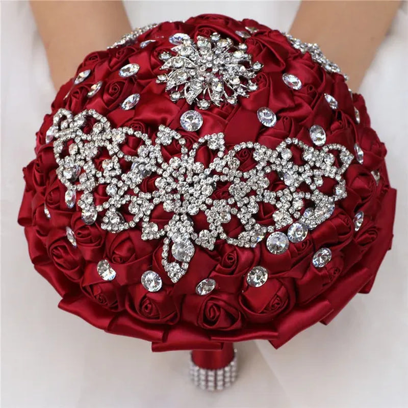 21CM Creative Handmade Diamond Flower Brooch Bouquet Ribbon Silk Rose Wedding Flower Bridal Bouquet Bridesmaid Holding Flowers - WORLD TIME VISITS
