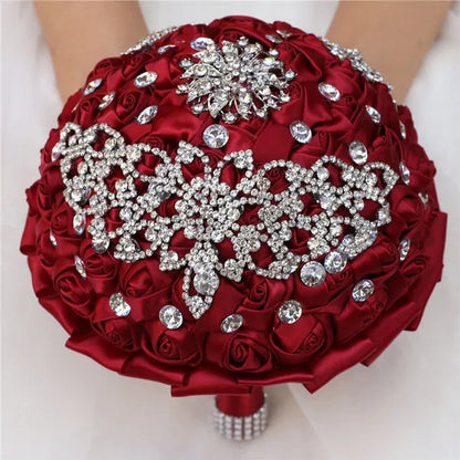 21CM Creative Handmade Diamond Flower Brooch Bouquet Ribbon Silk Rose Wedding Flower Bridal Bouquet Bridesmaid Holding Flowers - WORLD TIME VISITS