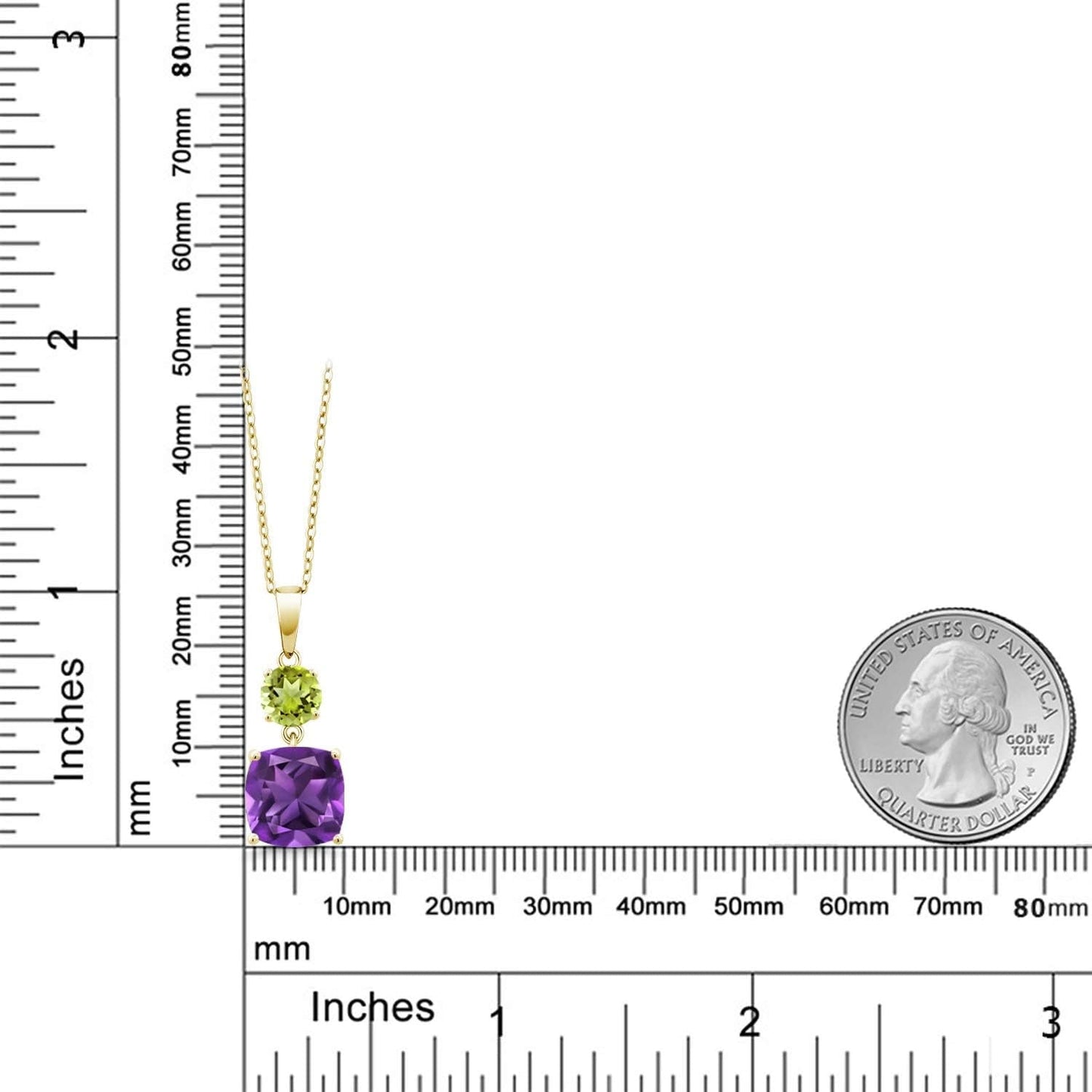 18K Yellow Gold Plated Silver Purple Amethyst and Green Peridot Pendant Necklace for Women (4.00 Cttw, Gemstone February Birthstone, Cushion 10MM, round 6MM)