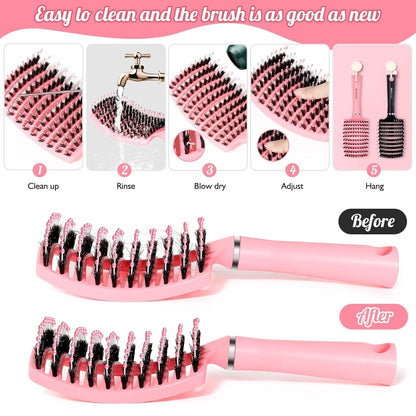 Hair Brush, Detangling Hairbrush Boar Bristle Curved Vented Hair Brush for Women Men Kids Curly Thick Long Short Wet or Dry Hair, Faster Blow Drying(2Pack, Black&Pink)
