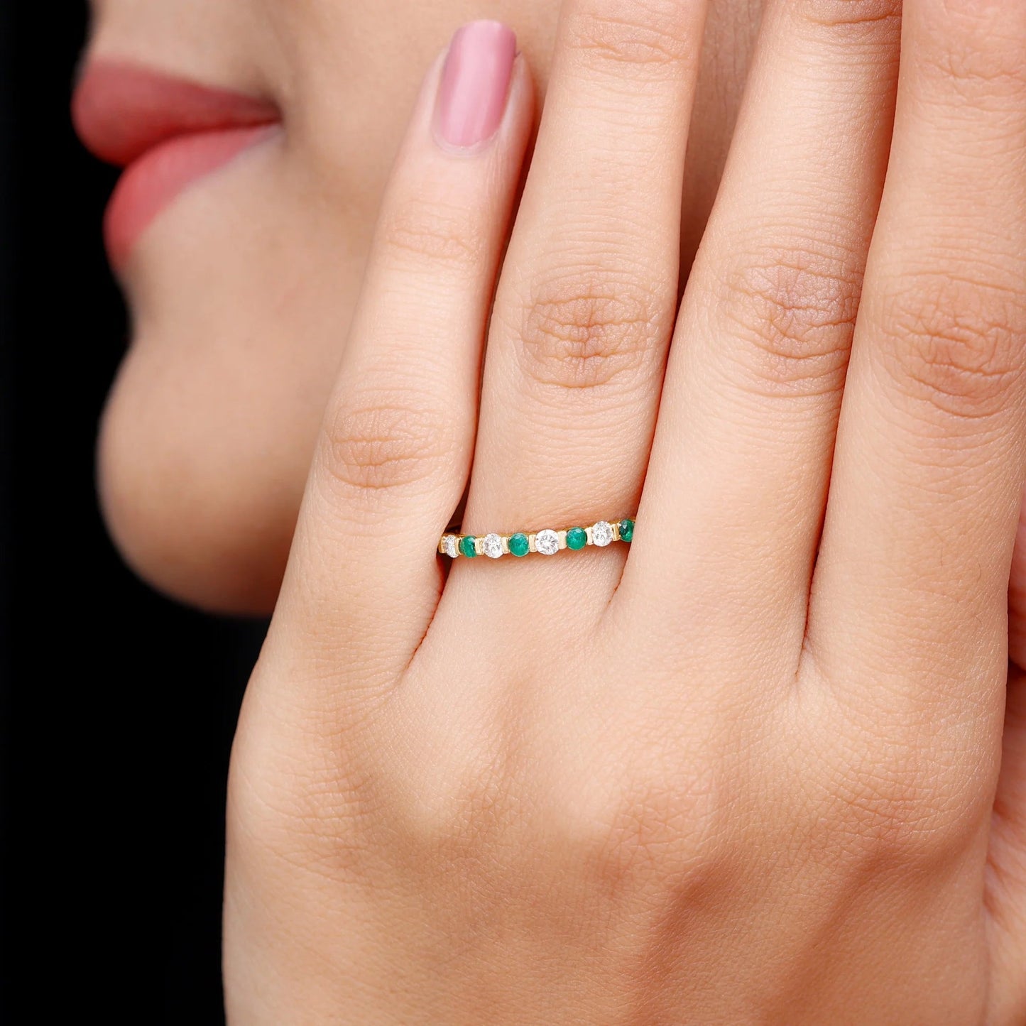 Real Emerald Half Eternity Ring with Moissanite for Women (0.75 CT, AAA Quality), 14K Yellow Gold, US 11.00