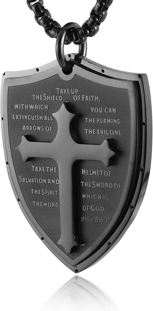 Shield Armor of God Ephesians 6:16-17, Faith Cross Stainless Steel Pendant Necklace - WORLD TIME VISITS