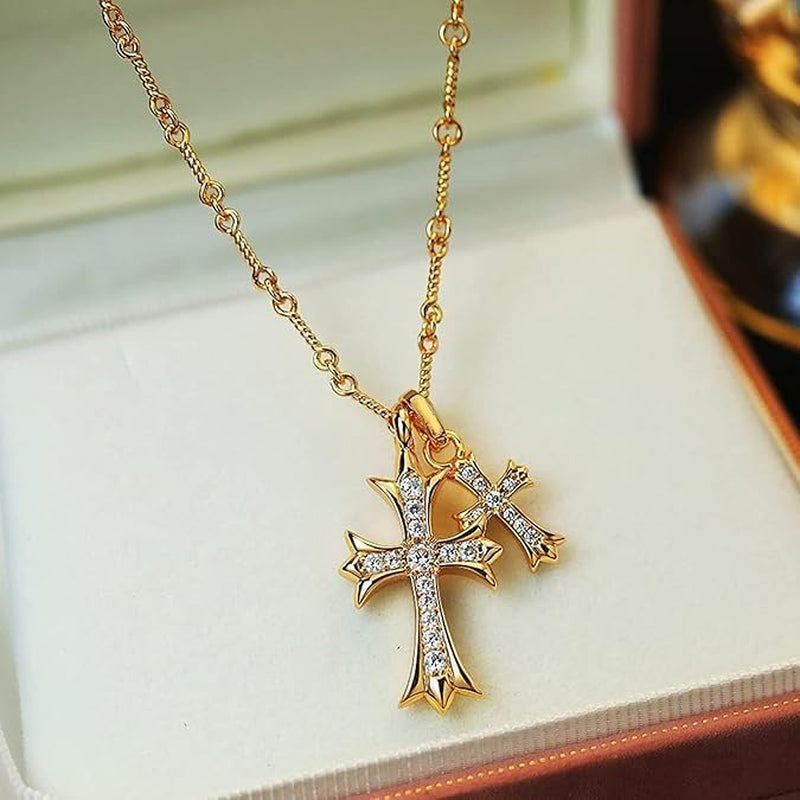 Cross Necklace 14K Gold Plated/Sterling Silver Double Cross Pendant Cz,Cubic Zirconia Cross Necklaces for Women Men Jewelry Birthday Gifts