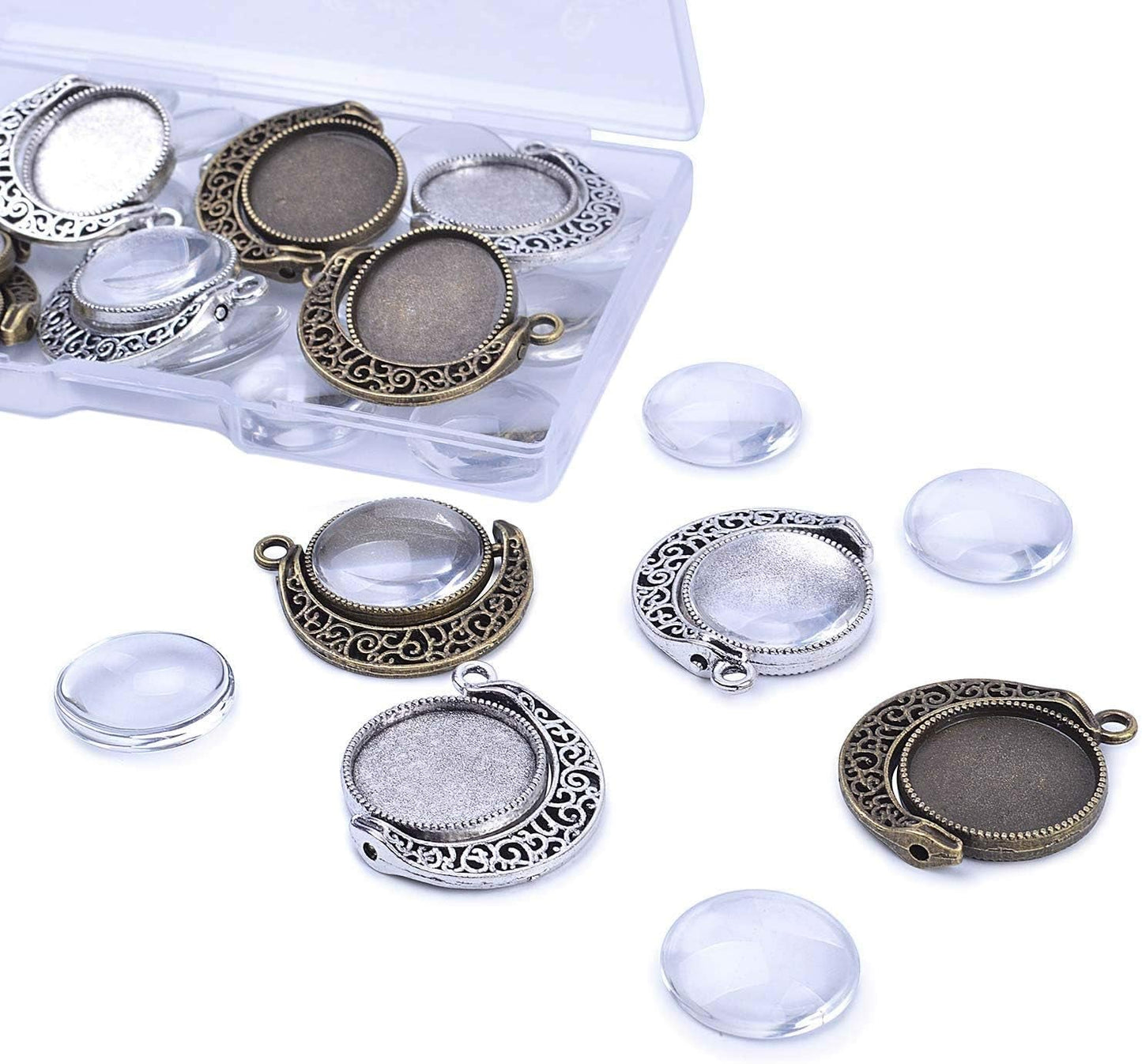 Moon Rotation Double Side Pendant Trays Kits in Box, 12 Pieces Pendant Tray with 24 Pieces Glass Cabochons Clear Dome 18Mm Blank, 2 Colors Bezels