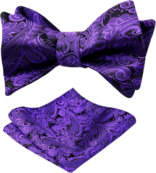 Mens Paisley Jacquard Self-Tie Bow Tie Pocket Square Set - WORLD TIME VISITS
