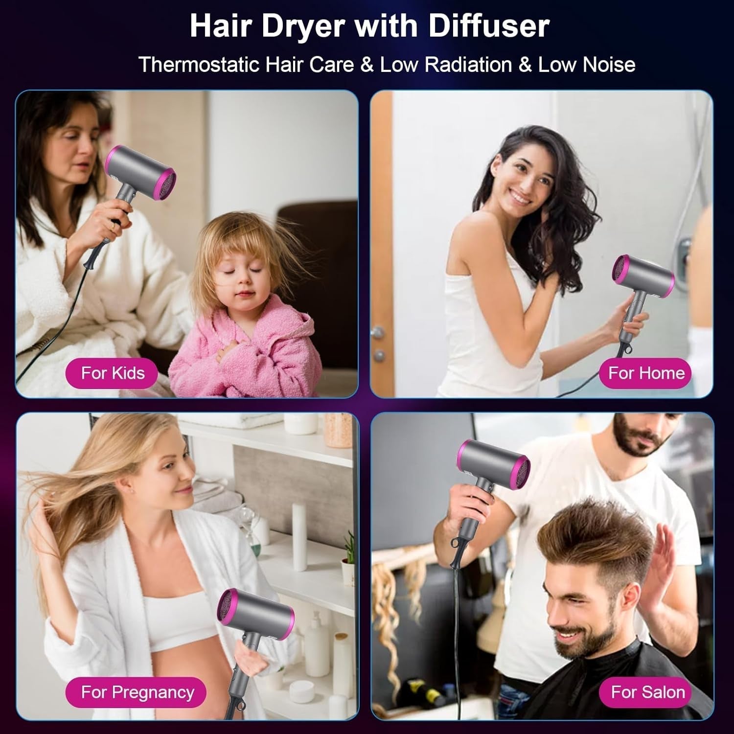 1800W Hair Dryer Professional Salon Anion Hair Dryer with Attachment Diffuser & Nozzles, 2 Speeds Fast Dry with Constant Temperature, Home Use Portable Foldable Hair Dryer - WORLD TIME VISITS
