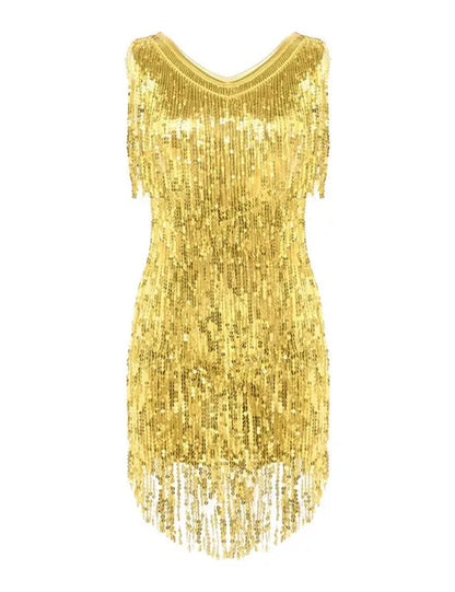 Women's Gowns V Neck Sparkling Sequin Tassels Rhythm Ballroom Salsa Samba Rumba Tango Latin Dance Dress