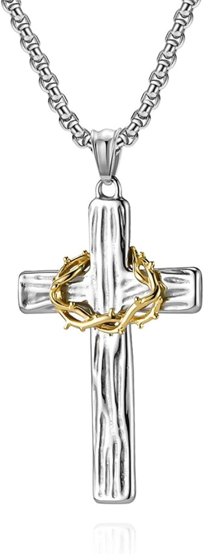 Cross Necklace for Men,Stainless Steel Black Silver Jesus Christ Crucifix Pendant Necklaces Meaningful Religious Jewelry，60Cm Rolo Chain - WORLD TIME VISITS