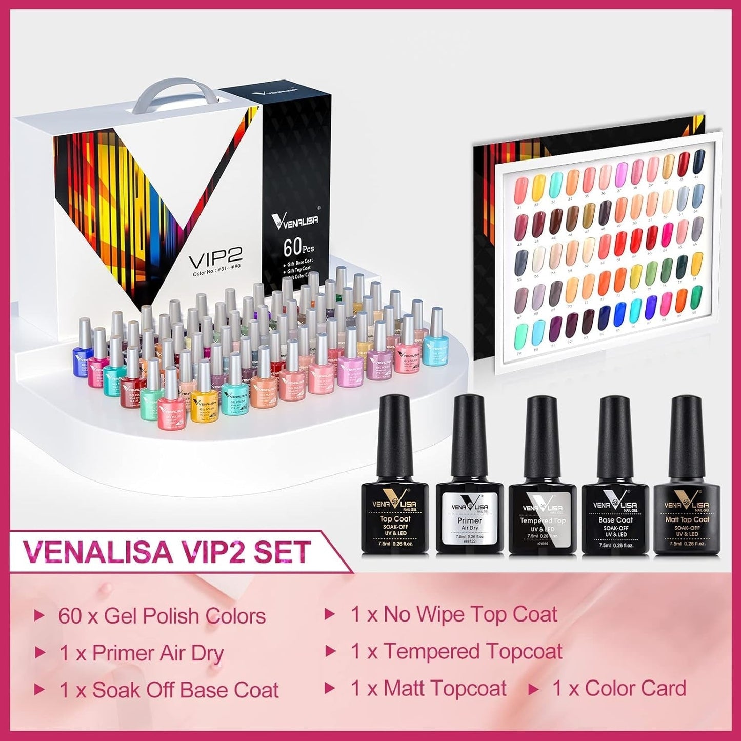 VENALISA VIP2 Set 60 Colors 7.5Ml Gel Nail Polish Kit with Base Top Matt Coat,Soak off UV LED Nail Gel Polish with Colors Card Nail Art Starter Manicure Salon