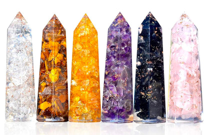 Healing Crystal Wand Set of 6 Orgonite – Includes 3” Amethyst Crystal, Tigers Eye, Rose Quartz, Black Tourmaline Stone, Citrine and Clear Quartz Orgone Crystal plus Black Tourmaline Necklace - WORLD TIME VISITS
