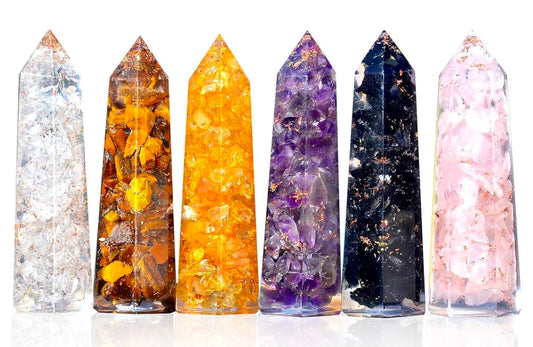 Healing Crystal Wand Set of 6 Orgonite – Includes 3” Amethyst Crystal, Tigers Eye, Rose Quartz, Black Tourmaline Stone, Citrine and Clear Quartz Orgone Crystal plus Black Tourmaline Necklace - WORLD TIME VISITS