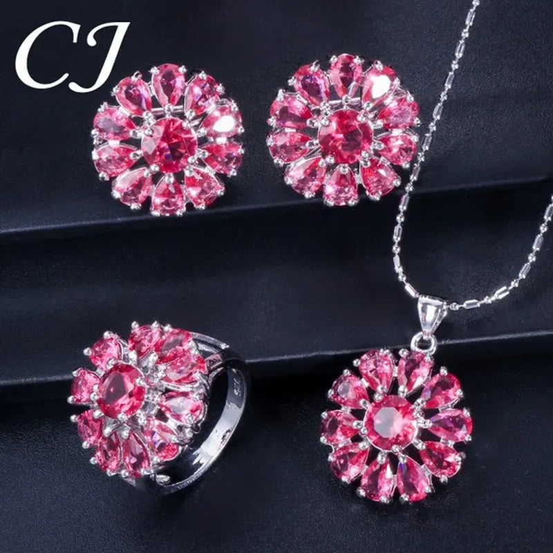 CANDICE Elegant Flower Jewelry Set Paved Green Stones Fashion Sterling Silver Plated Pendant Necklace Earrings Ring Sets - WORLD TIME VISITS