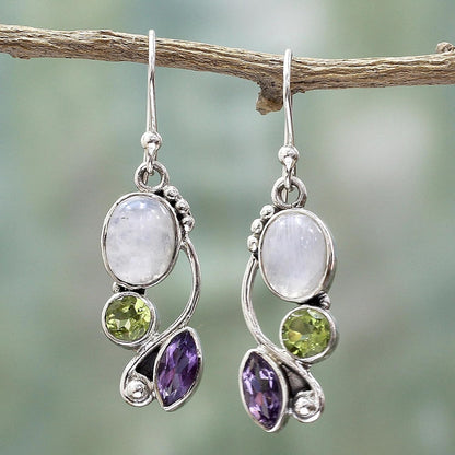 Artisan Handcrafted Multigemstone Dangle Earrings | .925 Sterling Silver Handmade Dangle Earrings | Rainbow Moonstone Clear Green Multicolor Purple Dangle Earring | Natural Glamour Themed